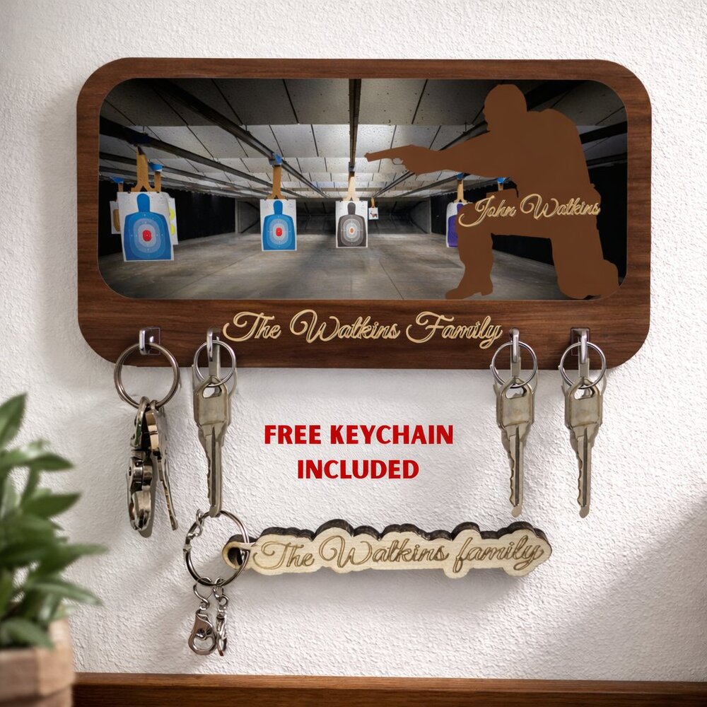 Personalized Shooting Range Key Holder - Custom Name Key Rack with Keychain